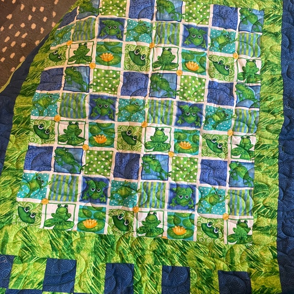 Homemade Green and Blue Frog Caterpillar Reversible Quilt